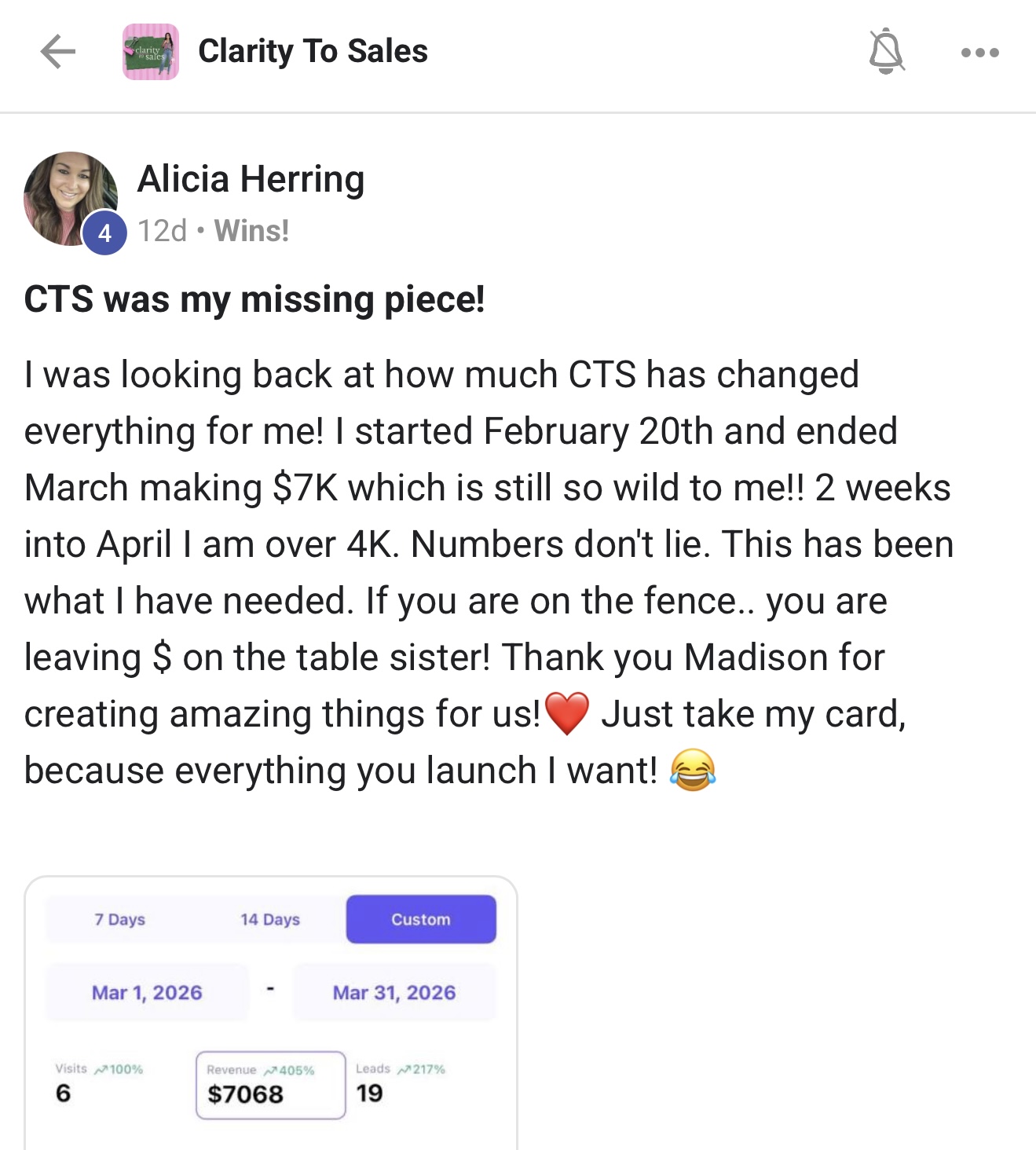 Alicia Herring — CTS was my missing piece, $7K month, $4K two weeks into next